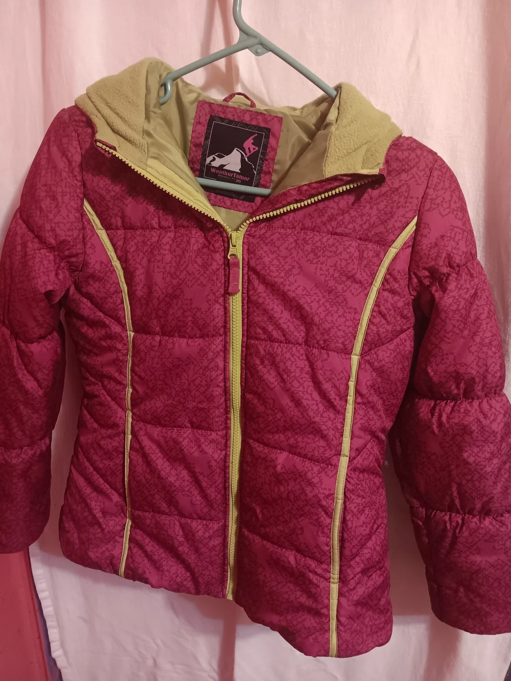 Kids Puffy Winter Jacket - Pink with Lime Trim
